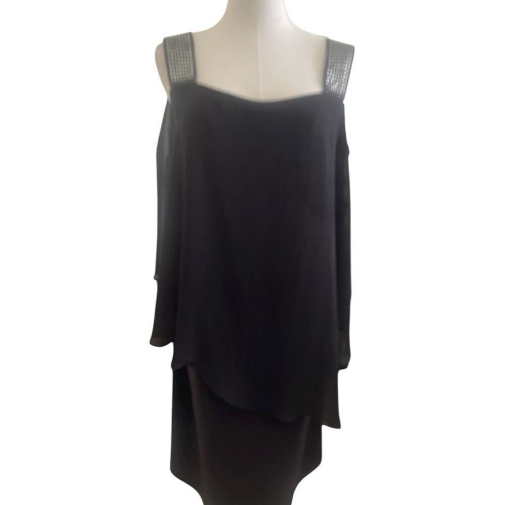 Roz & Ali Plus Size Black Chiffon Rhinestone Strap Ladder Sleeve Party Dress Siz
